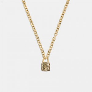 Coach Quilted Padlock Chain Necklace - Women's Jewelry - Gold / Black | BACH9946