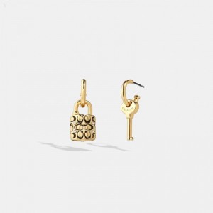 Coach Quilted Padlock Key Mismatch Earrings - Women's Jewelry - Gold / Black | JDXG3164
