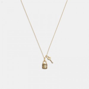 Coach Quilted Padlock Key Pendant Necklace - Women's Jewelry - Gold / Black | PNZB6580