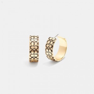 Coach Quilted Signature Hoop Earrings - Women's Jewelry - Gold / Black | EZAU9497
