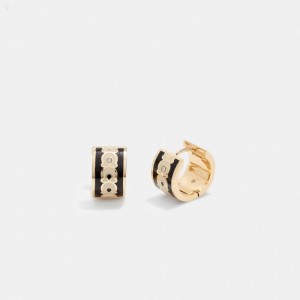 Coach Signature Enamel Hoop Earrings - Women's Jewelry - Gold / Black | UHTX2561