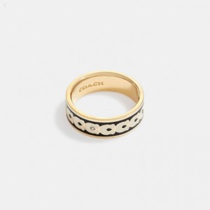 Coach Signature Enamel Ring - Women's Jewelry - Gold / Black | PRXJ0366