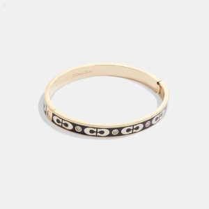 Coach Signature Enamel Hinged Bangle - Women's Jewelry - Gold / Black | VCIO2446