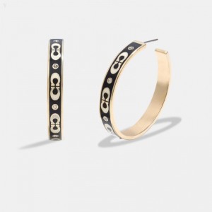 Coach Signature Enamel Hoop Earrings - Women's Jewelry - Gold / Black | YJMY3054