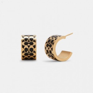 Coach Signature Enamel Huggie Earrings - Women's Jewelry - Gold / Black | DESY4135