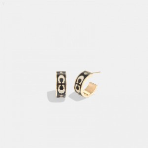 Coach Signature Enamel Huggie Earrings - Women's Jewelry - Gold / Black | XXCB5067