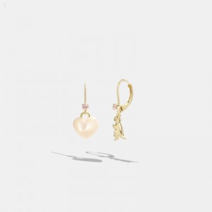 Coach Heart And Rexy Mismatch Earrings - Women's Jewelry - Gold / Blush | KVKX6916