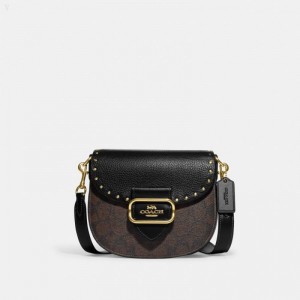 Coach Morgan Saddle Bag In Colorblock Signature Canvas With Rivets - Women's Crossbody Bags - Gold / Brown Black Multicolor | BJFP9223