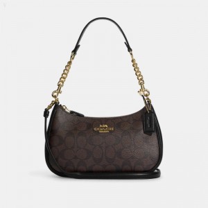 Coach Teri Shoulder Bag In Signature Canvas - Women's Shoulder Bags - Gold / Brown Black | RHNL0197