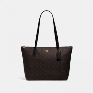 Coach Zip Top Tote In Signature Canvas - Women's Tote Bags - Gold / Brown Black | WYFP1389