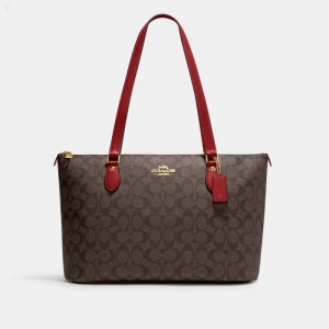 Coach Gallery Tote In Signature Canvas - Women's Tote Bags - Gold / Brown Red | FWTJ4114