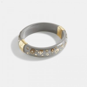 Coach Signature Tea Rose Hinged Bangle - Women's Jewelry - Gold / Grey | MRLH3228