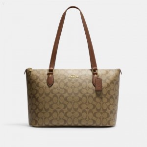Coach Gallery Tote In Signature Canvas - Women's Tote Bags - Gold / Khaki Saddle | CYJQ0540