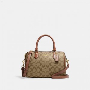 Coach Rowan Satchel In Signature Canvas - Women's Satchel Bags - Gold / Khaki Saddle | ENQD0597