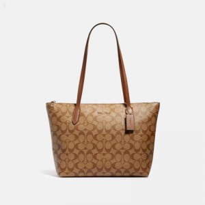 Coach Zip Top Tote In Signature Canvas - Women's Tote Bags - Gold / Khaki Saddle | SFOH2538