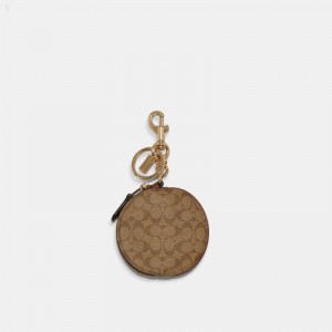 Coach Circular Coin Pouch Bag Charm In Signature Canvas - Women's Accessories - Gold / Khaki | XZAY9666