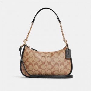Coach Teri Shoulder Bag In Signature Canvas - Women's Shoulder Bags - Gold / Khaki / Black | RAHD5293