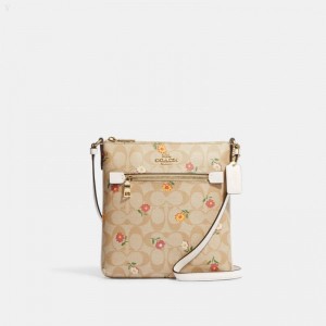 Coach Mini Rowan File Bag In Signature Canvas With Nostalgic Ditsy Print - Women's Crossbody Bags - Gold / Light Khaki Multicolor | SBER4605