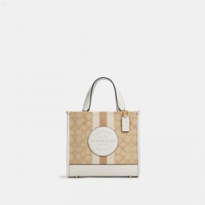 Coach Dempsey Tote 22 In Signature Jacquard With Stripe And Coach Patch - Women's Tote Bags - Gold / Light Khaki | ULOO5512