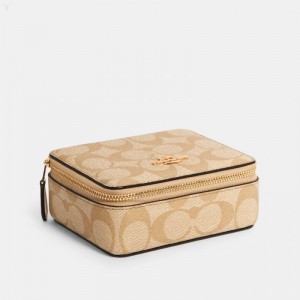 Coach Large Jewelry Box In Signature Canvas - Women's Accessories - Gold / Light Khaki | SJZH1989