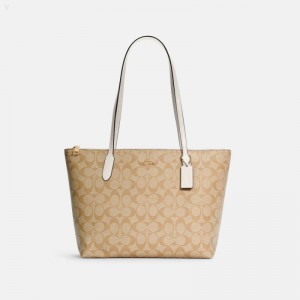 Coach Zip Top Tote In Signature Canvas - Women's Tote Bags - Gold / Light Khaki | YPQS6231