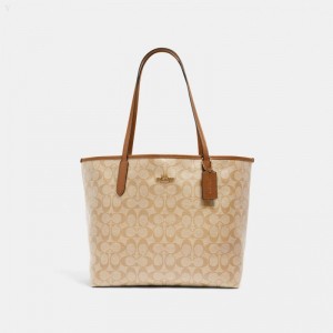 Coach City Tote In Signature Canvas - Women's Tote Bags - Gold / Light Khaki / Light Saddle | JQPR6474