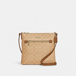 Coach Rowan File Bag In Signature Canvas - Women's Crossbody Bags - Gold / Light Khaki / Light Saddle | FOVQ6812