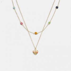 Coach Signature Rainbow Heart Layered Necklace - Women's Jewelry - Gold / Multicolor | BMOS8751