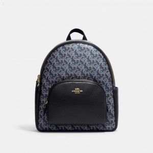 Coach Court Backpack With Coach Monogram Print - Women's Backpacks - Gold / Navy | GLUA2899