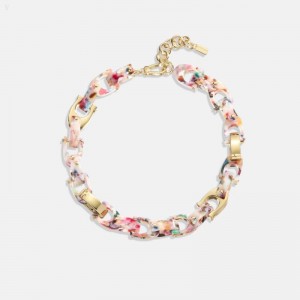 Coach Chunky Signature Link Necklace - Women's Jewelry - Gold / Pink Multicolor | VQUX4018