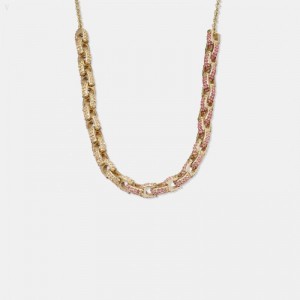 Coach Pavé Signature Chain Necklace - Women's Jewelry - Gold / Pink Multicolor | RZEF7428