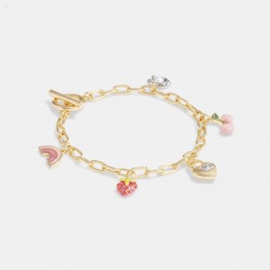 Coach Strawberry Heart Charm Bracelet - Women's Jewelry - Gold / Pink Multicolor | YDEJ9744