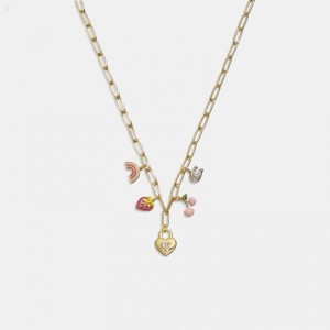 Coach Strawberry Heart Charm Necklace - Women's Jewelry - Gold / Pink Multicolor | PWOC8077