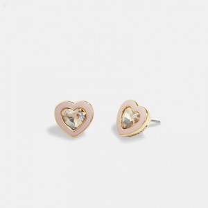 Coach Faceted Heart Stud Earrings - Women's Jewelry - Gold / Pink | JJLN8532