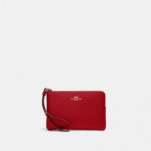 Coach Corner Zip Wristlet - Women's Wallets - Gold / Red | TZZF9070