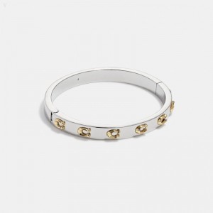 Coach Pegged Signature Hinged Bangle - Women's Jewelry - Gold / Silver | DARX2164