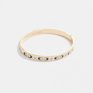 Coach Signature Enamel Hinged Bangle - Women's Jewelry - Gold / White | CFBJ4082