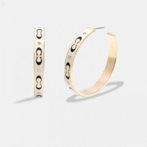 Coach Signature Enamel Hoop Earrings - Women's Jewelry - Gold / White | ZBPQ7226