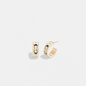 Coach Signature Enamel Huggie Earrings - Women's Jewelry - Gold / White | VNLQ8575