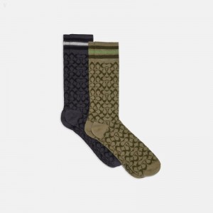 Coach Signature Calf Length Socks - Men's Socks - Green / Black | GZVM2609