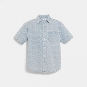 Coach Signature Denim Short Sleeve Shirt - Men's Shirts - Indigo | NZOB6138