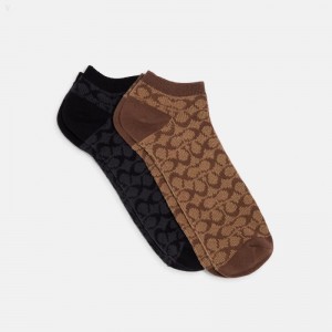 Coach Signature Crew Socks - Men's Socks - Khaki Charcoal | WPVB4454