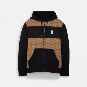 Coach Signature Full Zip Hoodie - Men's Hoodie - Khaki | UFDV4139