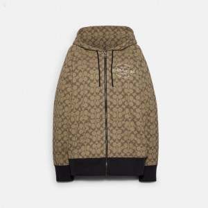 Coach Signature Zip Hoodie - Women's Hoodie - Khaki Multicolor | ZGZG4794
