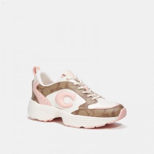 Coach C275 Tech Runner In Signature Canvas - Women's Sneakers - Khaki / Light Pink | VTYJ4610