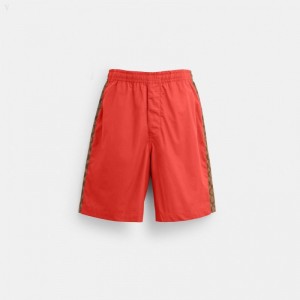Coach Signature Colorblock Drawstring Shorts - Men's Shorts - Khaki / Red Multicolor | RXWH7424