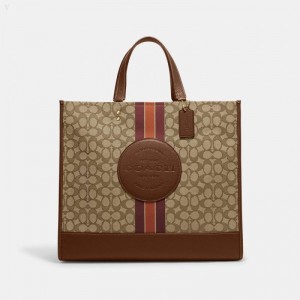 Coach Dempsey Tote 40 In Signature Jacquard With Stripe And Coach Patch - Women's Tote Bags - Khaki / Saddle Multicolor | UJXG6691