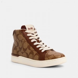 Coach Clip High Top Sneaker - Women's Sneakers - Khaki / Saddle | ENNG6470