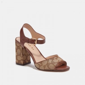 Coach Marla Sandal In Signature Jacquard - Women's Sandals - Khaki / Saddle | WBJE1313