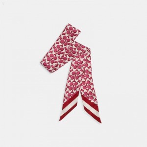 Coach Signature Print Silk Skinny Scarf - Women's Scarves - Light Raspberry | SHGM9146